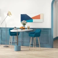 Set di 2 Sgabelli da Bar con Poggiapiedi e Braccioli, Design Scandinavo, in Legno Massiccio e Lino, Blu