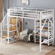 DESMIU Letto a soppalco singolo con armadio ad angolo, scaffale con ruote e barriera 90 × 200 cm, senza materasso
