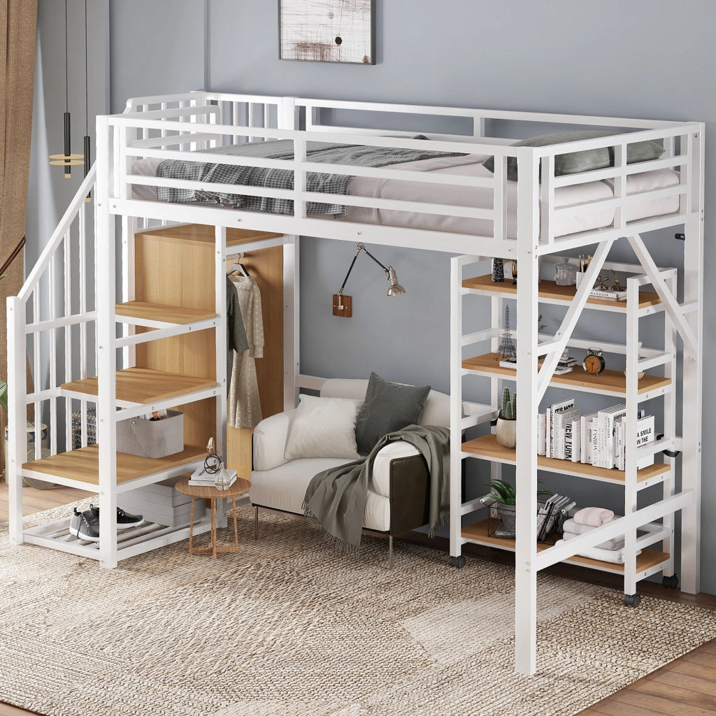 DESMIU Letto a soppalco singolo con armadio ad angolo, scaffale con ruote e barriera 90 × 200 cm, senza materasso