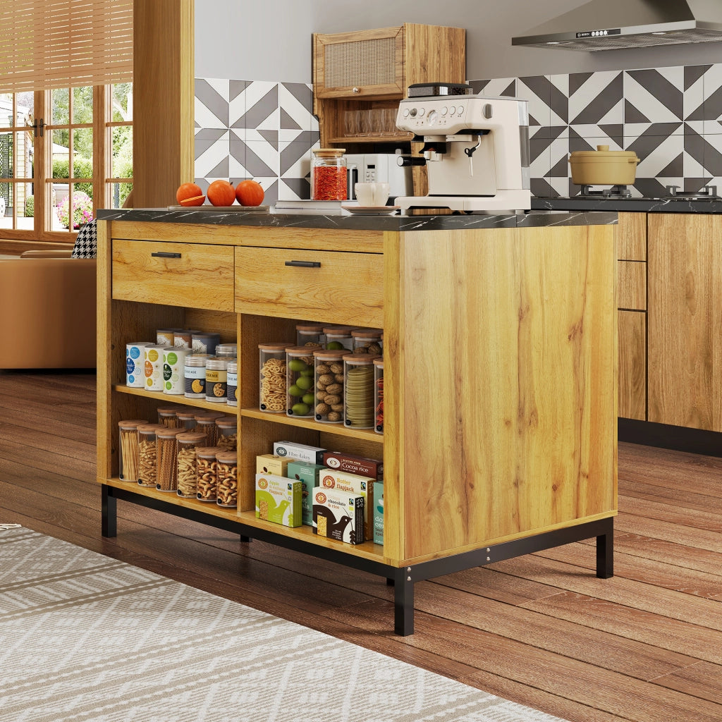 Isola da cucina in stile rustico con 2 cassetti e 4 ripiani aperti, piano effetto marmo nero, per cucina 120 × 75 × 90 cm