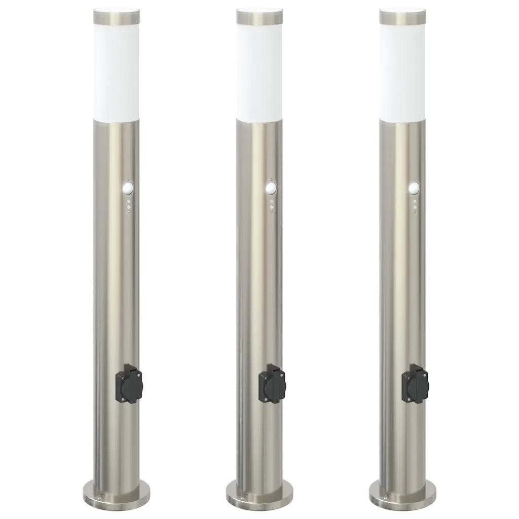 Lampioni a paletto con sensore e presa 3 pz 80 cm Acciaio Inox IP44 4006020