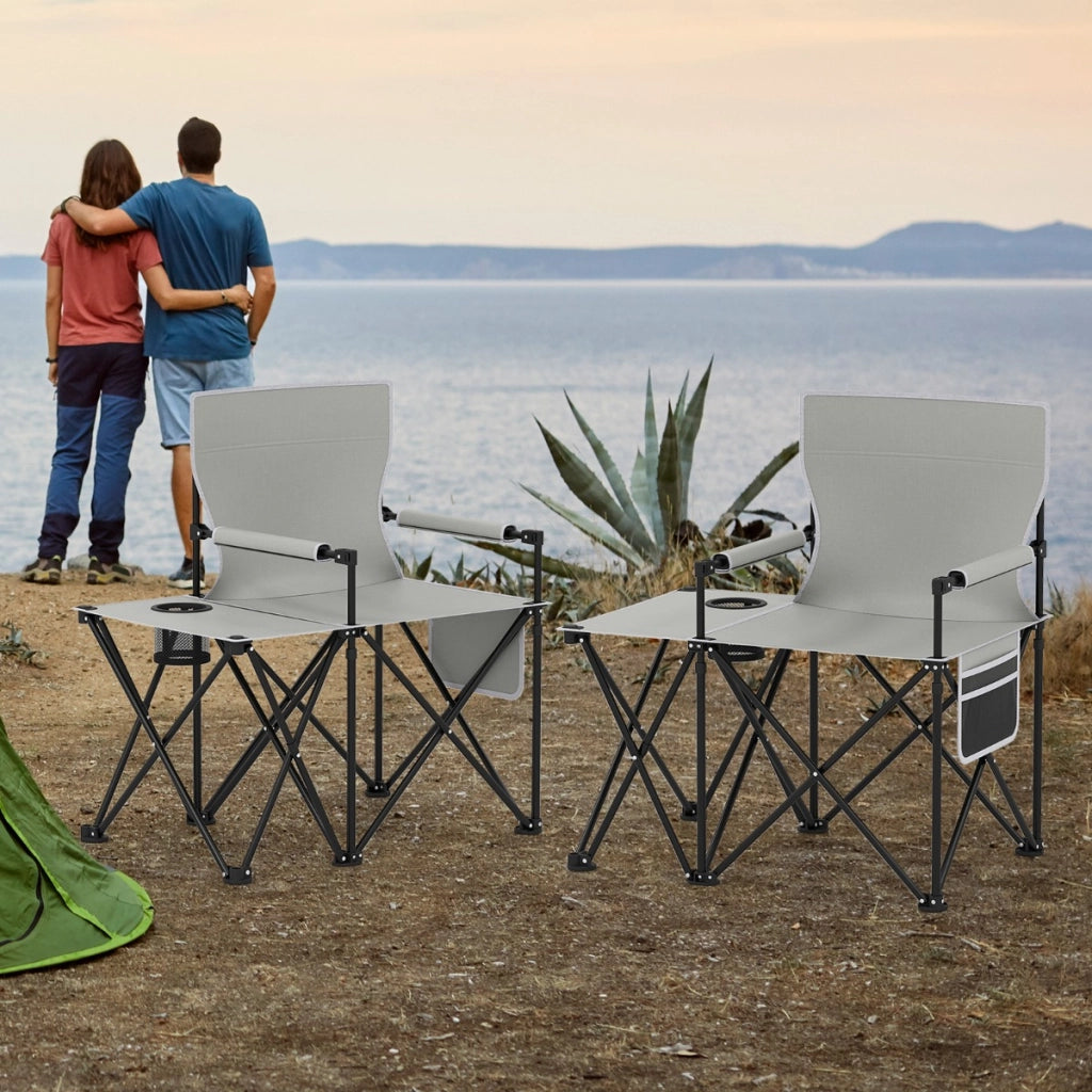 Sedia da picnic pieghevole con 2 tasche braccioli imbottiti borsa da trasporto, Sedia da campeggio con tavolino laterale Grigio