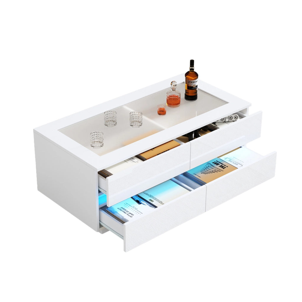 Tavolino da caffè con 4 cassetti; LED e piano in vetro temperato; in pannelli di particelle bianco; 100 × 50 × 40 cm