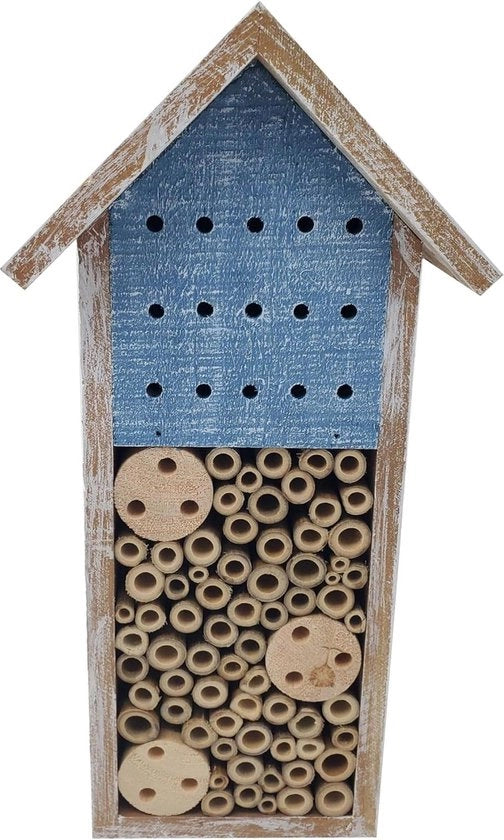 Hotel per insetti Natura dimensioni 15x30x13 cm in legno di pino FSC certificato con elementi in bambù e colori marrone e blu