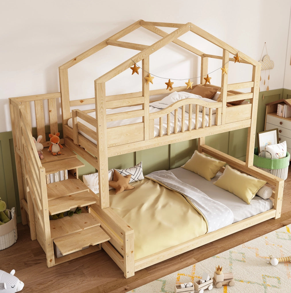 Letto a castello a casetta 90x200 e 140x200 cm con scala contenitore e ripiani