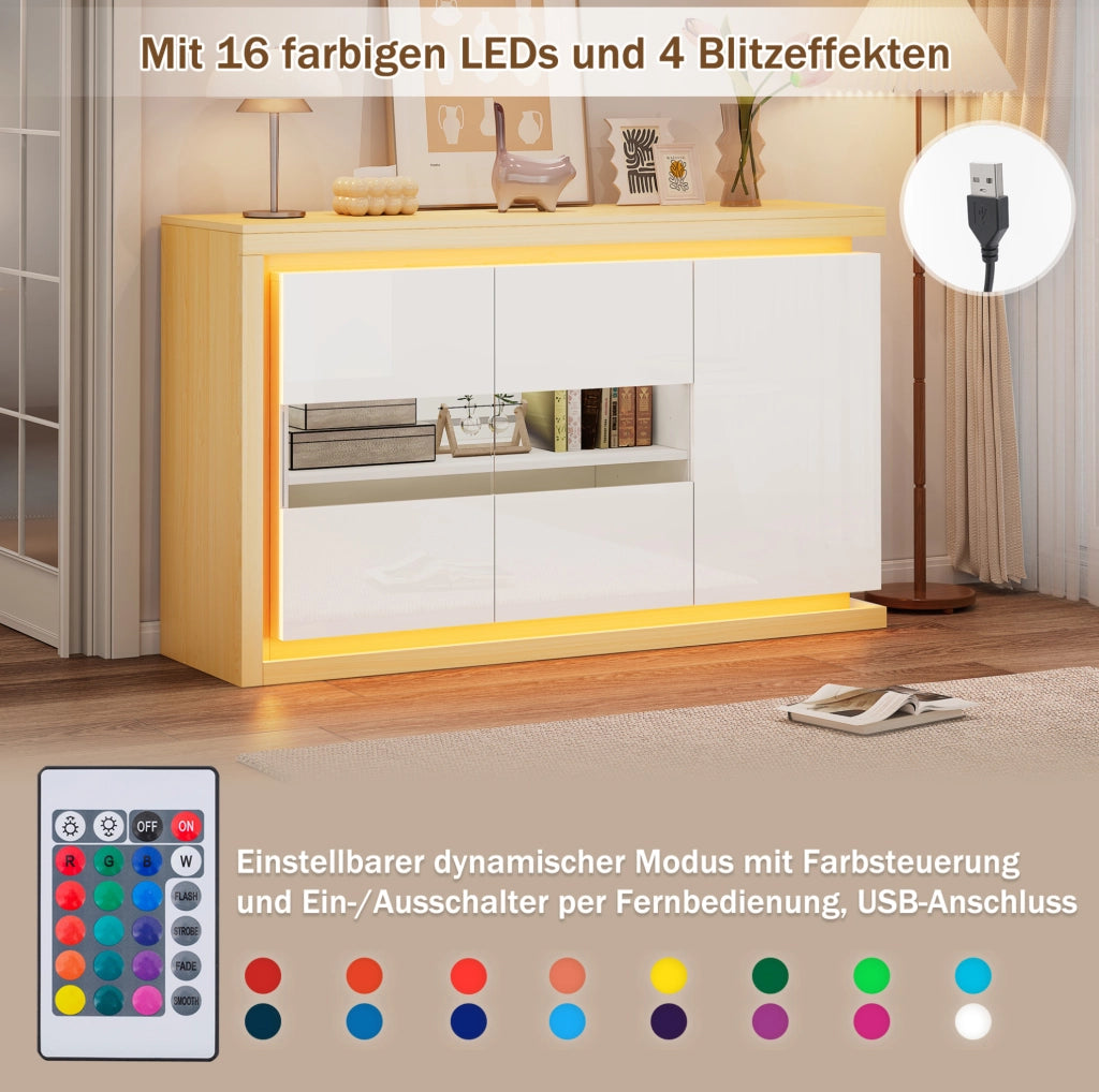 Credenza 140x40x84 cm con LED, vetro temperato e 3 ante