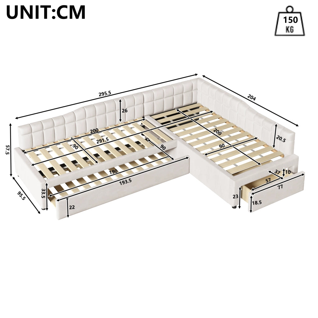 Letto combinato 90 × 200 cm con letto estraibile, 2 cassetti, senza materasso, in flanella beige