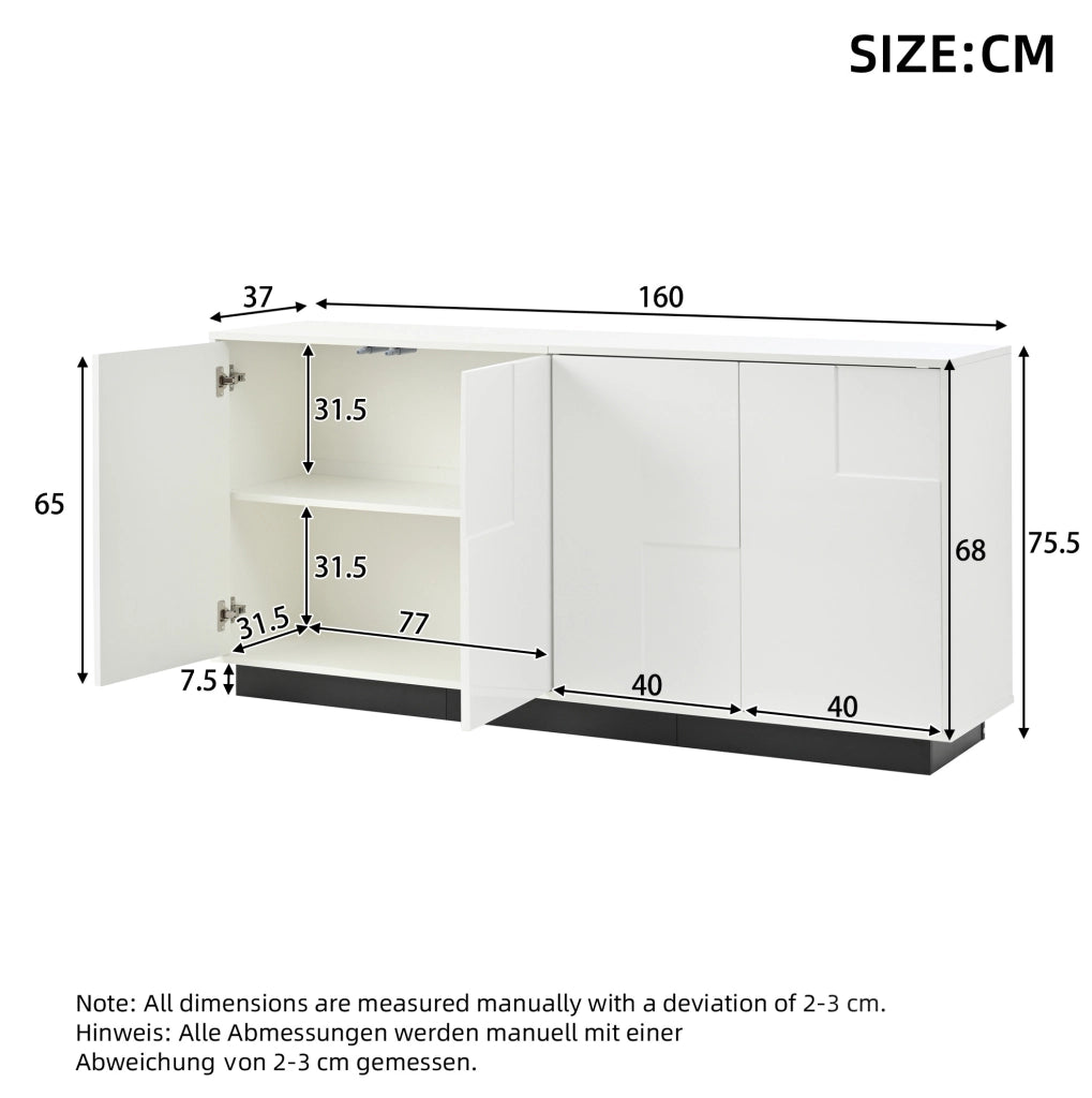 Credenza 160x37x75.5 cm con 4 ante geometriche lucide e push to open in truciolare bianco e nero