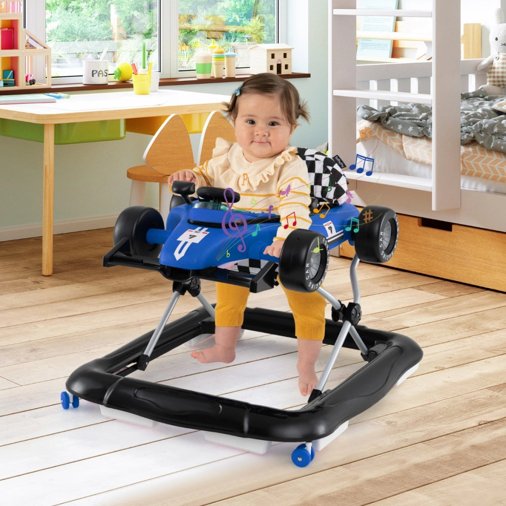 Passeggino 4-in-1 per bambini volante imbottito e scatola musicale, Centro attivit¨¤ con altezza regolabile a 3 livelli Blu