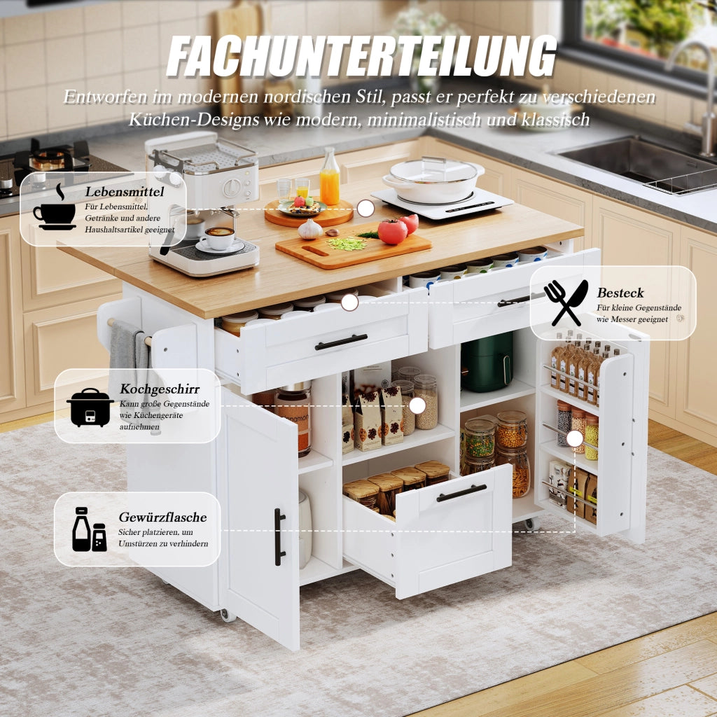 Carrello da Cucina con 1 Anta; 3 Cassetti; Ripiani Regolabili; Vassoio Pieghevole e Portaasciugamani; 120x46x90 cm