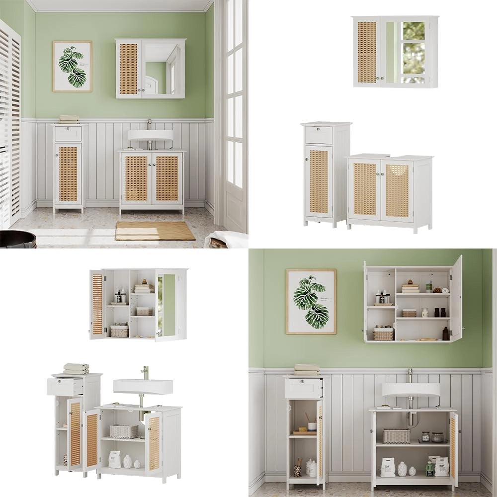 Set di mobili da bagno Rosario, Bianco, 60 cm, composto da mobile sottolavabo, specchiera e mobile medio