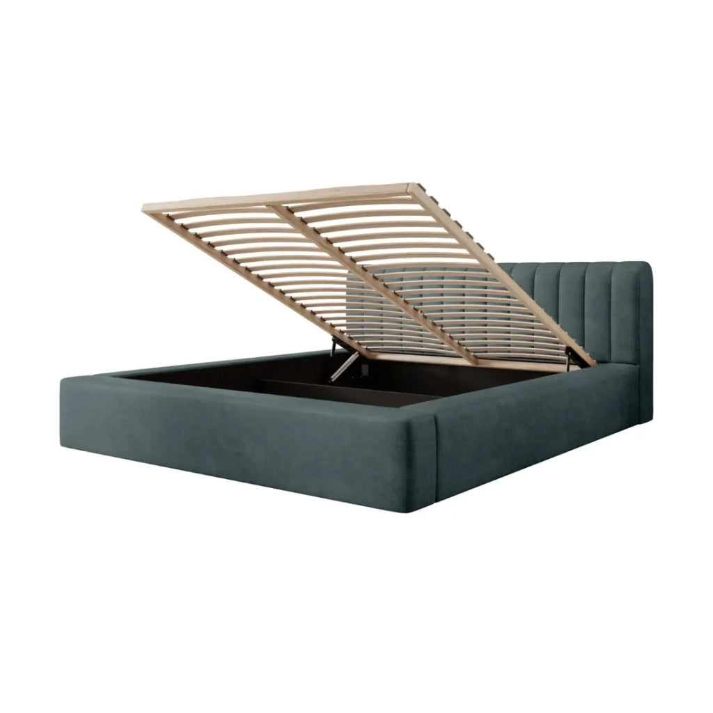 Letto contenitore CERVIN – Velluto morbido Notte smeraldo – 160x200 cm – Rete sollevabile – Design elegante