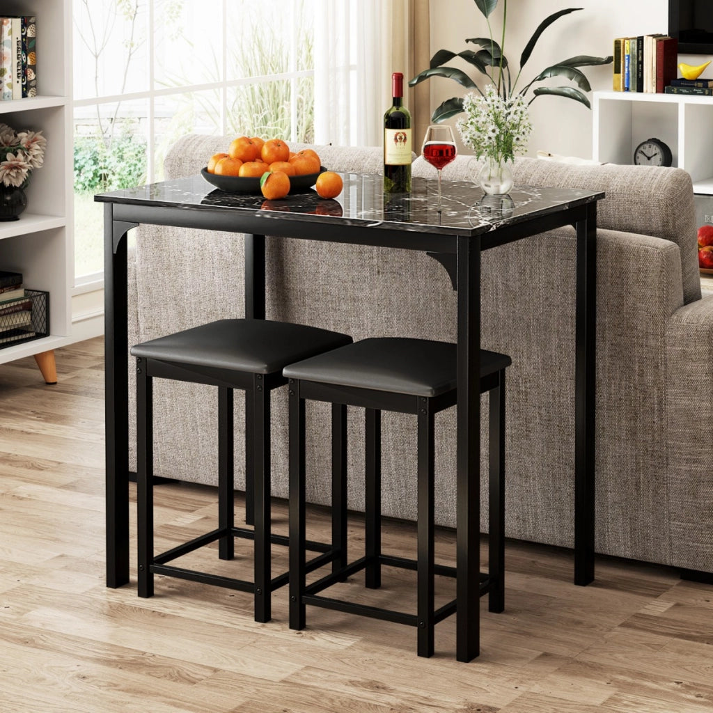 Set da bar a 3 pezzi con 1 tavolo e 2 sgabelli da bar imbottiti gambe in metallo, Set da pranzo ad altezza bancone Nero