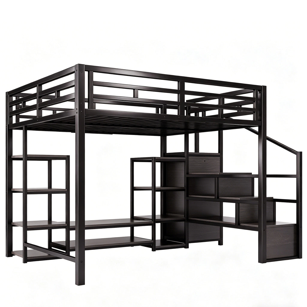 Hochbett 140x200 cm in metallo e MDF con supporto TV, presa integrata e scala contenitore, nero