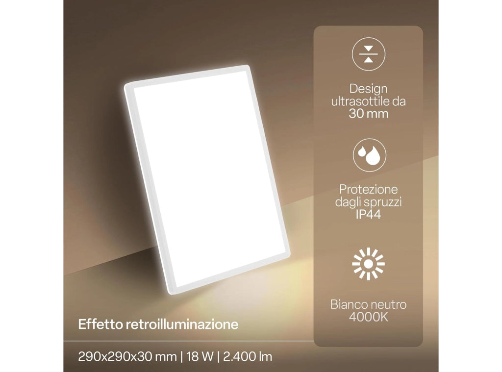 Plafoniera LED Ultrapiatta Quadrata con Retroilluminazione Indiretta Luce Bianco Neutro Impermeabile IP44 per Bagno e Cucina, 29x29x3 cm Bianco