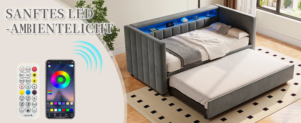 DESMIU Letto a scomparsa 90 × 190 cm 2 posti con luce LED regolabile, USB Type-C e vano contenitore, senza materasso, velluto grigio