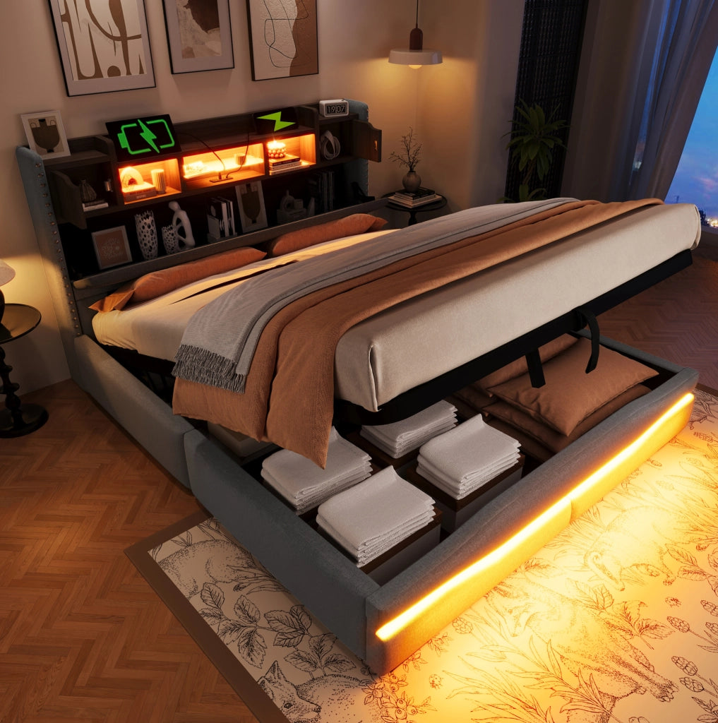 Letto imbottito 160x200 cm grigio con LED, USB-C e contenitore