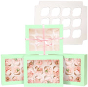 Scatola per Cupcake 12 pezzi - Scatola per Dolci in Cartone - Con Finestra - Verde Menta - Ripiegabile - 33 x 25,5 x 9 cm - Scatola per Dolci