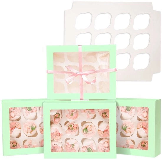 Scatola per Cupcake 12 pezzi - Scatola per Dolci in Cartone - Con Finestra - Verde Menta - Ripiegabile - 33 x 25,5 x 9 cm - Scatola per Dolci