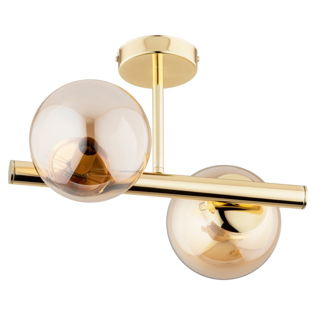 Plafoniera oro con 2 sfere vetro ambra E14 10W Alfa ERAL