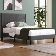 Letto imbottito 90x200 cm con rete e materasso 7 zone, rivestimento in lino grigio scuro, design moderno