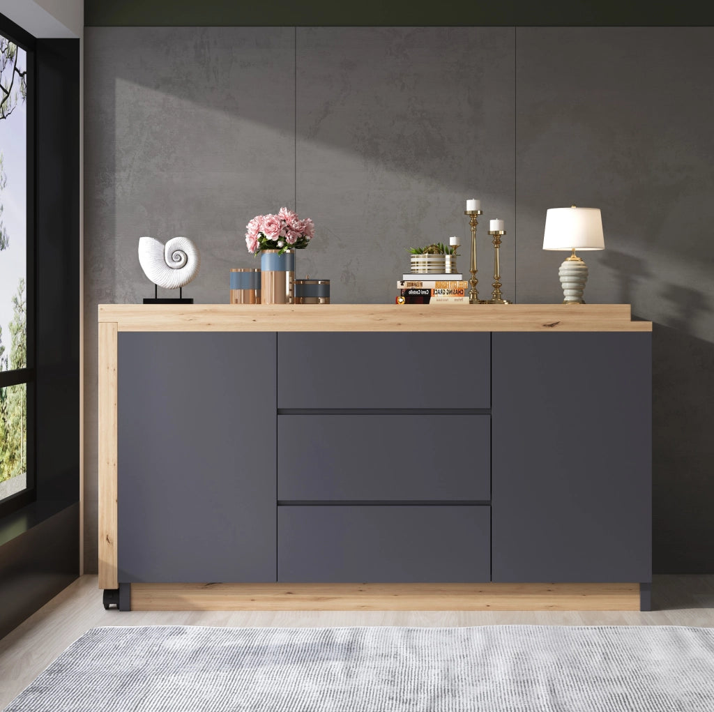 Scrivania girevole e pieghevole 120x50x76.5 cm con 2 porte e 3 cassetti in truciolato grigio e naturale