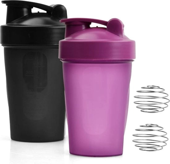Due contenitori per scuotimento proteico da 400 ml senza leva con BlenderBall bicchiere per bevande BPA-free contenitore per scuotimento proteico per preparare scuotimenti di proteina cremosi, nero + blu