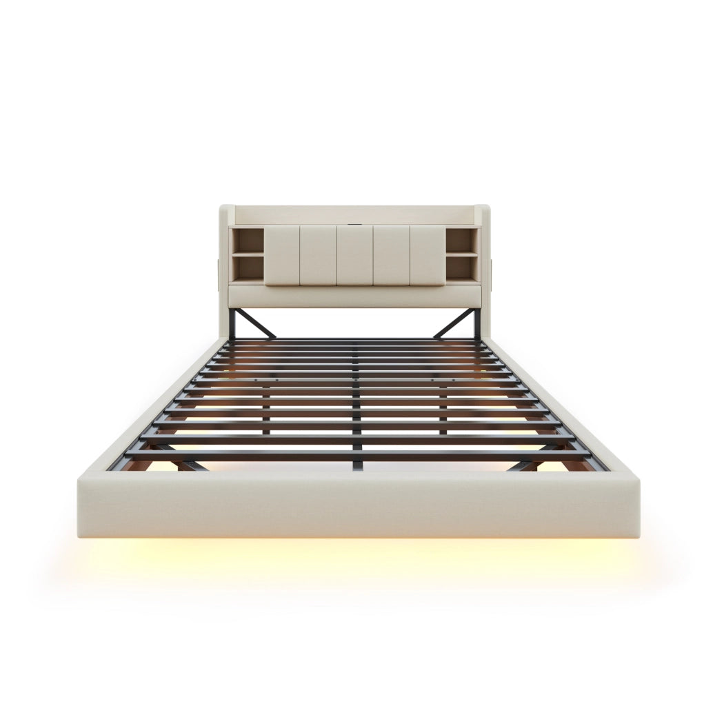 Polsterbett 140x200 cm con LED; USB; testiera ribaltabile e ripiani; beige