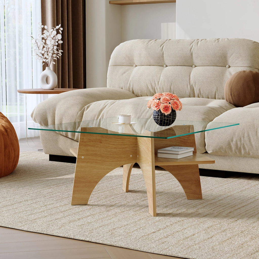 TAVOLINO Quadrato 80 cm Vetro temperato Trasparente e MDF Effetto legno chiaro