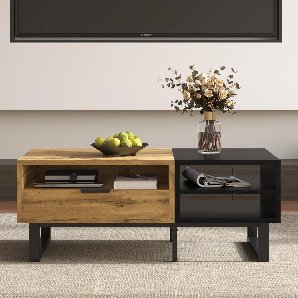 Tavolino da Caffè con 1 Cassetto e 3 Vani Aperti; Gambe in Metallo; Stile Industriale; in Pannello Truciolare; Naturale; 100×50×40 cm