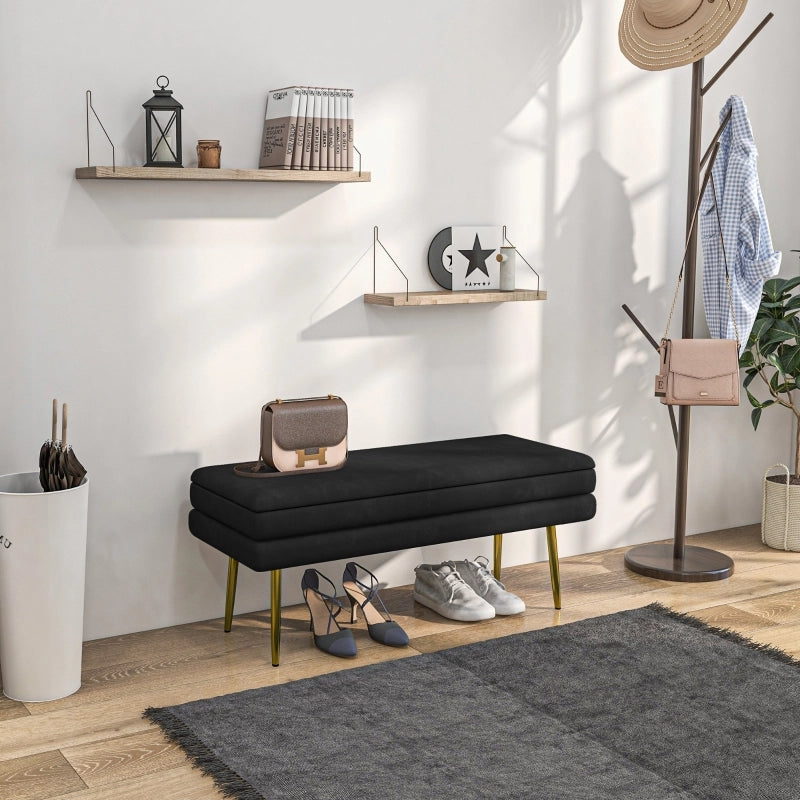 Panca imbottita con vano contenitore, effetto velluto, struttura in acciaio, 100 x 37,5 x 42 cm, nero