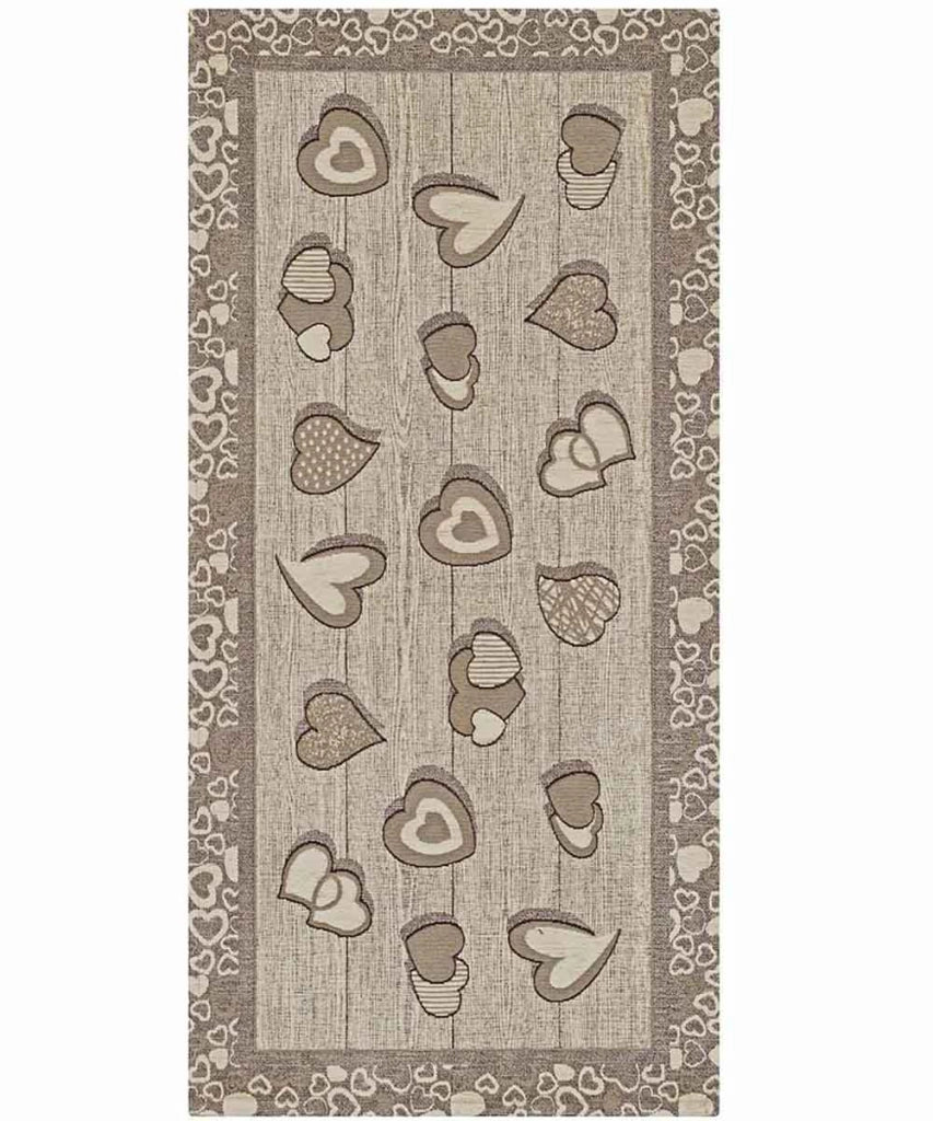 Tappeto LOVELY beige tortora cm.55x190 moderno cuori, passatoia cucina multiuso lavabile antiscivolo