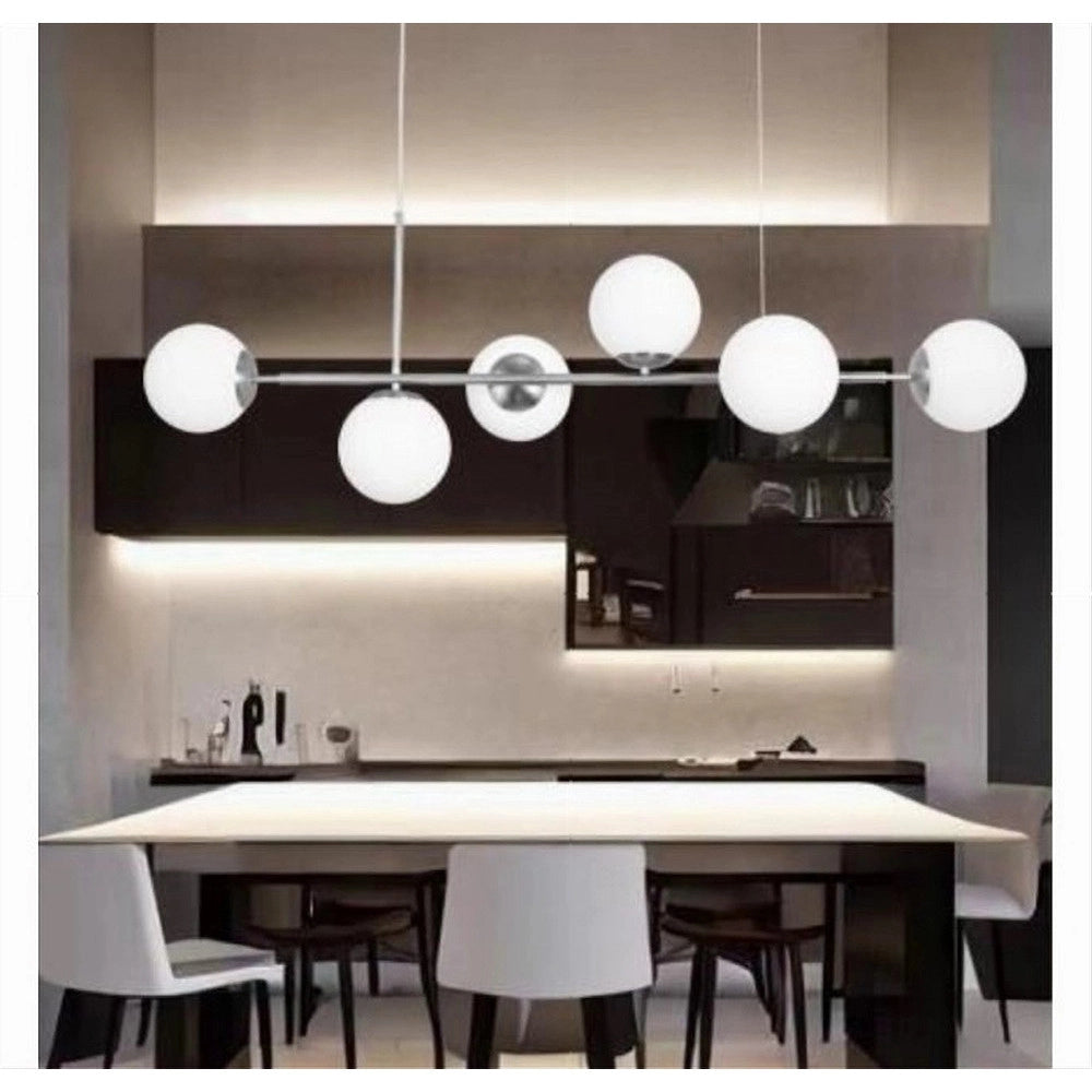 Trade Shop - Lampadario A Sospensione Argento Con 6 Sfere Bolle Bianche In Vetro Attacco G9 33733 -