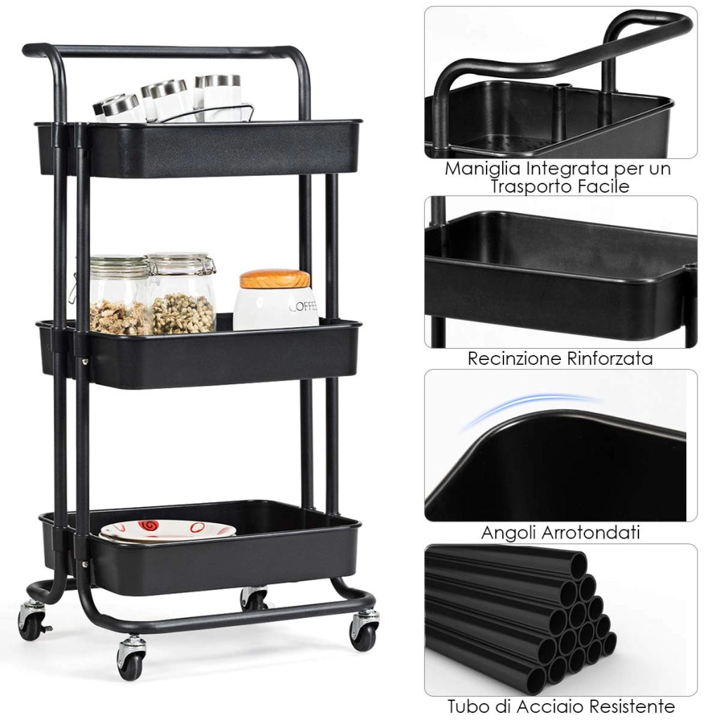 Carrello con 3 cesti e Maniglia, Carrello Multifunzione con Ruote, 87 x 35 x 42 cm, Nero/Bianco (Nero)