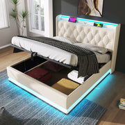 Letto imbottito 140x190 cm con LED, contenitore idraulico e USB-C in PU bianco