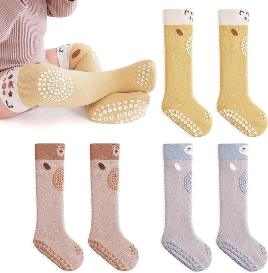 Calze Antiscivolo per Bambini | 3 Paia di Calze per Ragazzi e Ragazze | Calze di Cotone per Bambini con Grip Antiscivolo | Calze con Cappuccio e Busto per Bambini di Età Prescolare, colore Giallo |