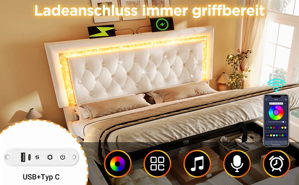 Letto Imbottito Contenitore 140x200 Velluto con LED, USB, Idraulico e Doghe ¨C MINIMAL ¨C Beige