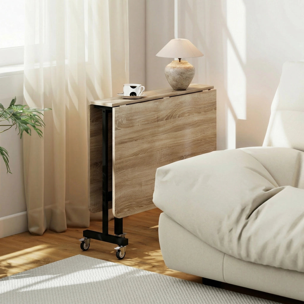 Tavolo Pieghevole per 4-6 Persone 120x80x73 cm con 2 Ribalte e Ruote con Freno Struttura in Acciaio Rovere