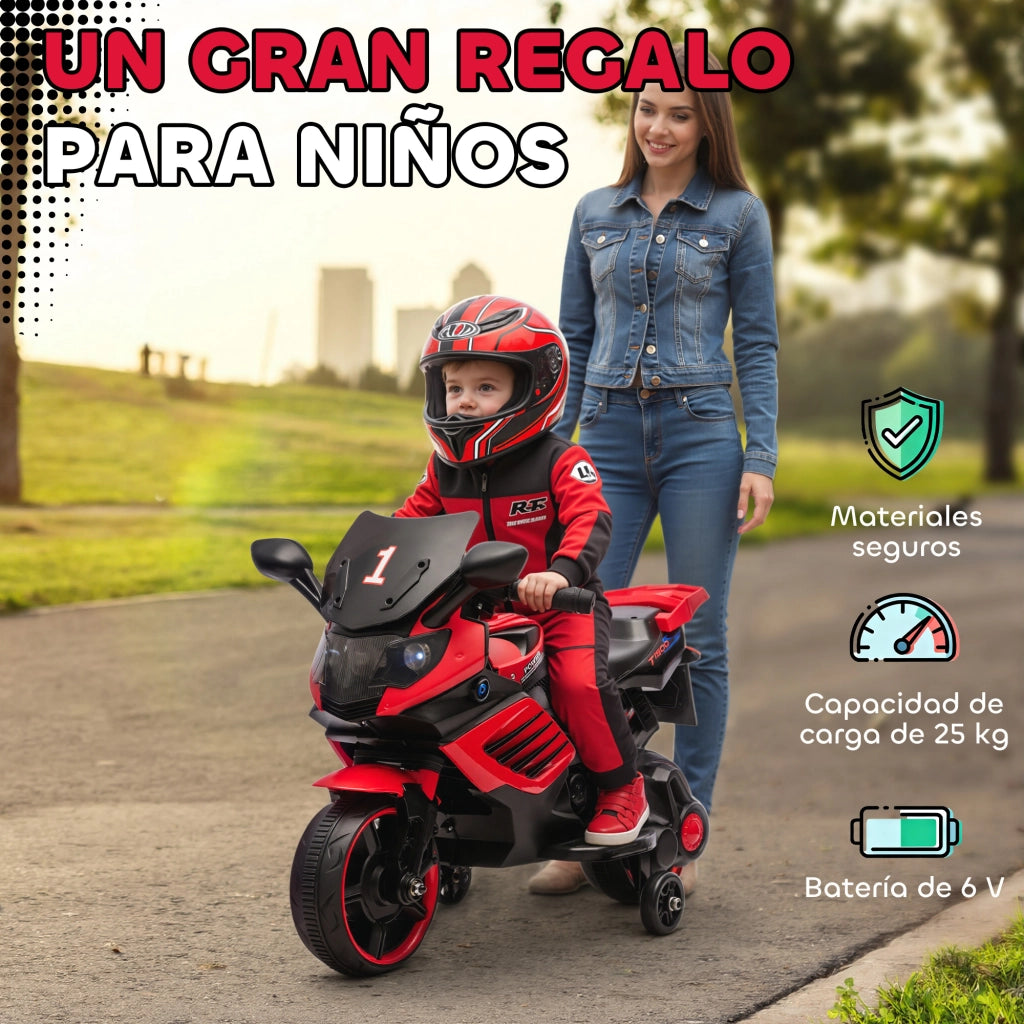 Moto Elettrica per Bambini 6V ¨C Xylo ¨C Rosso con Ruote di Supporto Musica Faro 18-36 Mesi