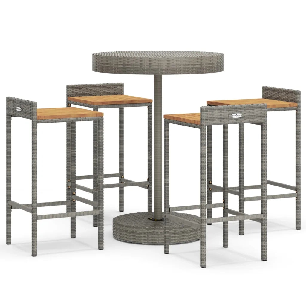 Set Bar Giardino 5pz Grigio Polyrattan e Legno Massello Acaciacod mxl 100666