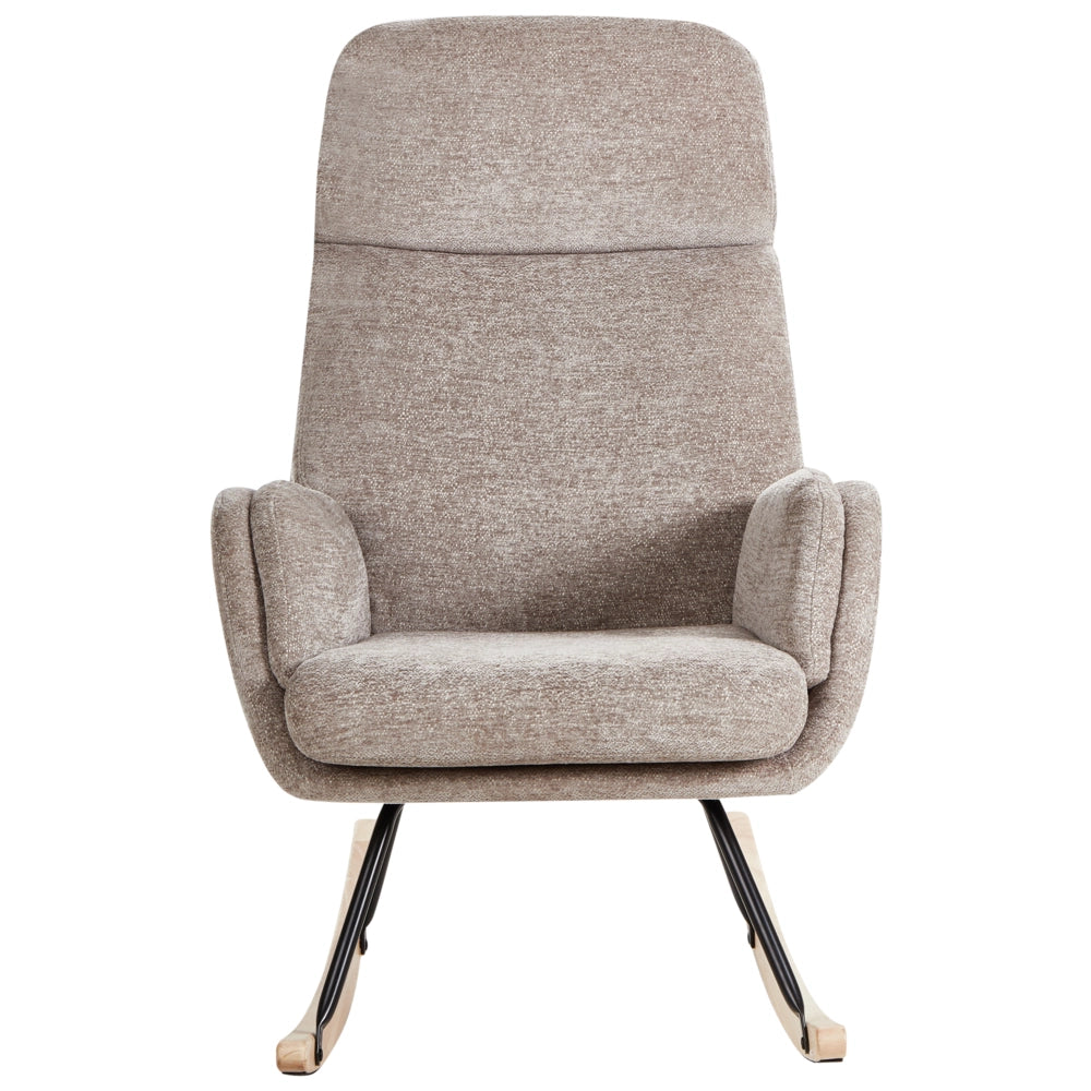 Sedia a dondolo in tessuto tortora gambe in legno e metallo pattini design moderno soggiorno