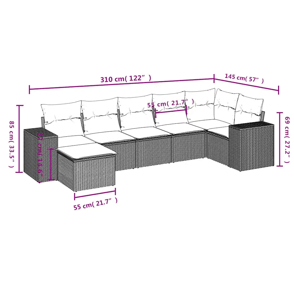 Set Divani da Giardino 7 pz con Cuscini Marrone in Polyrattan 3222883
