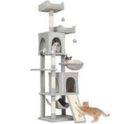 Albero Tiragraffi per Gatti con Casette e Lettini ¨C zephmum ¨C Grigio Chiaro e Beige 48x40x177 cm