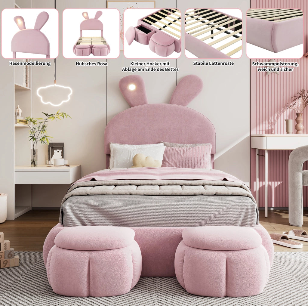 Letto singolo imbottito con orecchie da coniglio LED; velluto rosa; 90x200 cm