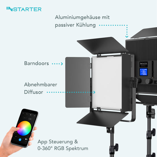 Instarter Faretto per fotografia, Pannello LED per studio fotografico da 60 W, Luce per video con spettro RGB 360°, controllo tramite App, illuminazione bicolore