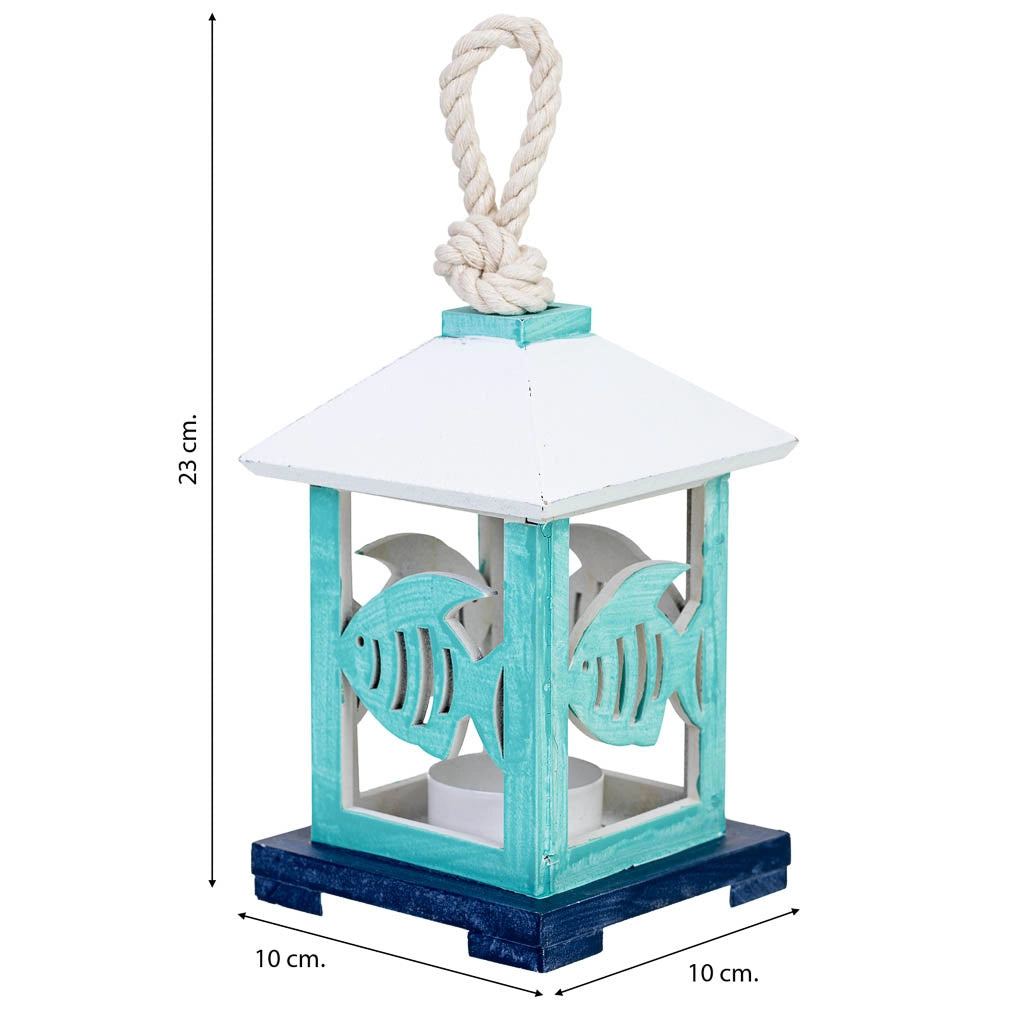 Portacandele da appendere in legno con pesce azzurro, 10x10x23h cm