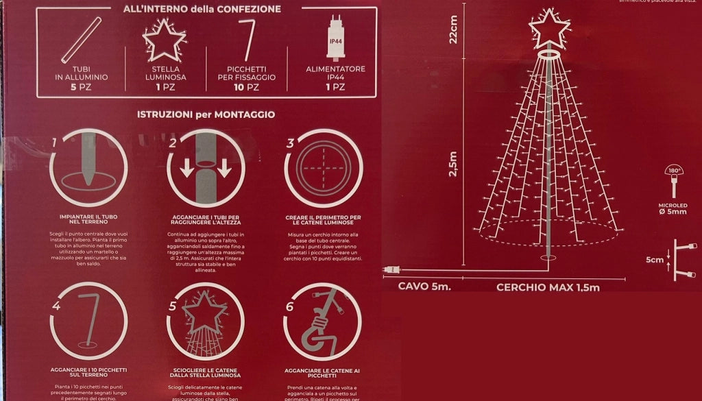 Albero Luminoso da Esterno 2,5m con 500 LED Luce Calda, Stella 22cm, Struttura in Ferro e Alluminio, IP44, Picchetti per Giardino, Cavo 5m