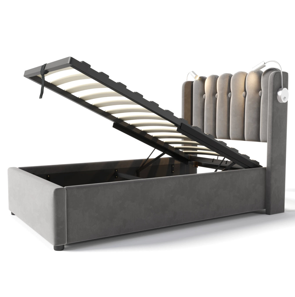Letto singolo 90x200 cm con contenitore; luce da lettura e porta USB; velluto grigio