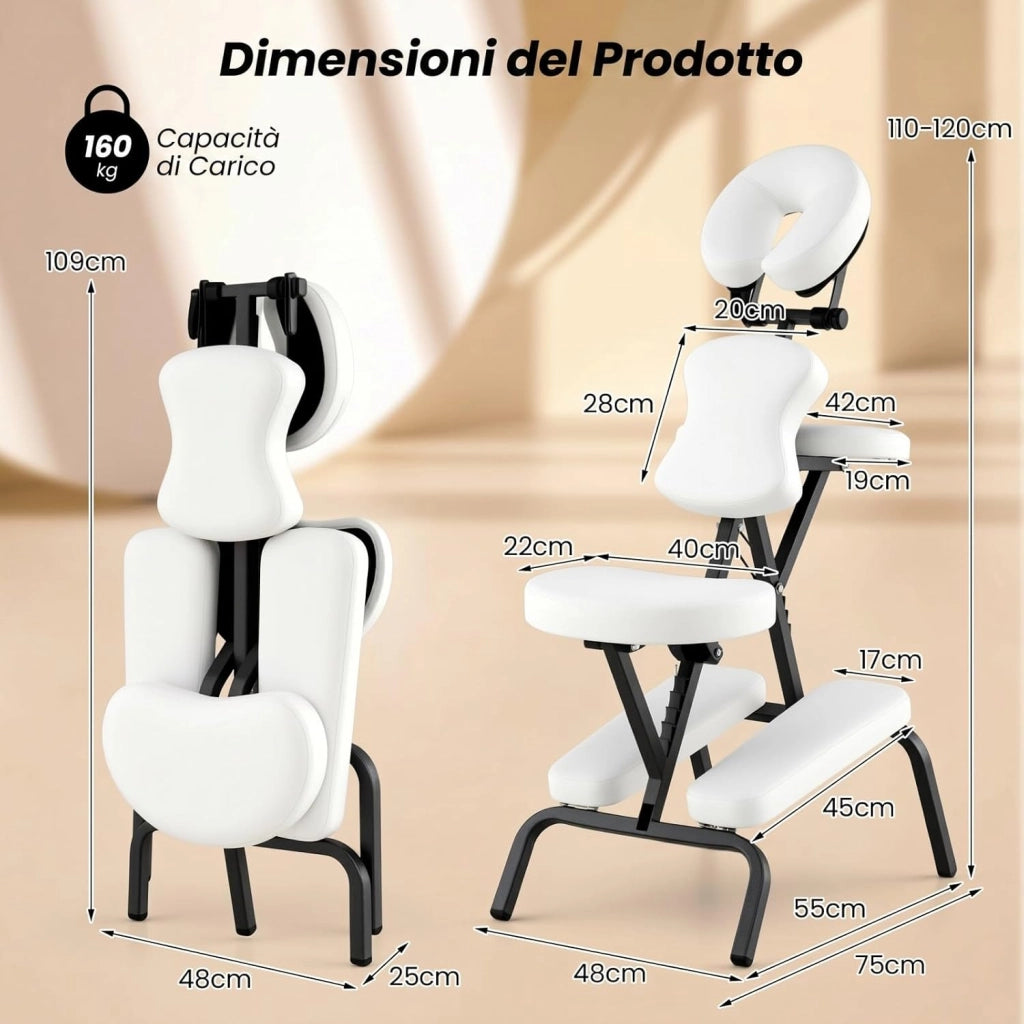 Sedia da Massaggio Pieghevole e Leggera, per Viaggi Tatuaggi e SPA, Sedia da Massaggio con Altezza Regolabile con Poggiatesta e Borsa da Trasporto (Bianco)