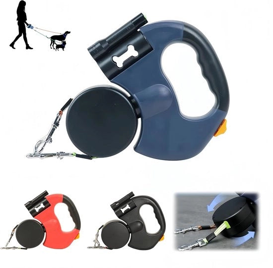 Cinturone per due cani retrattile - con torcia - contenitore per feci e luce - rotativo 360° - riflettente - freno a una mano - blu